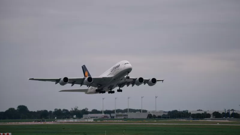 Lufthansa Airbus A380 taking off at Munich Airport