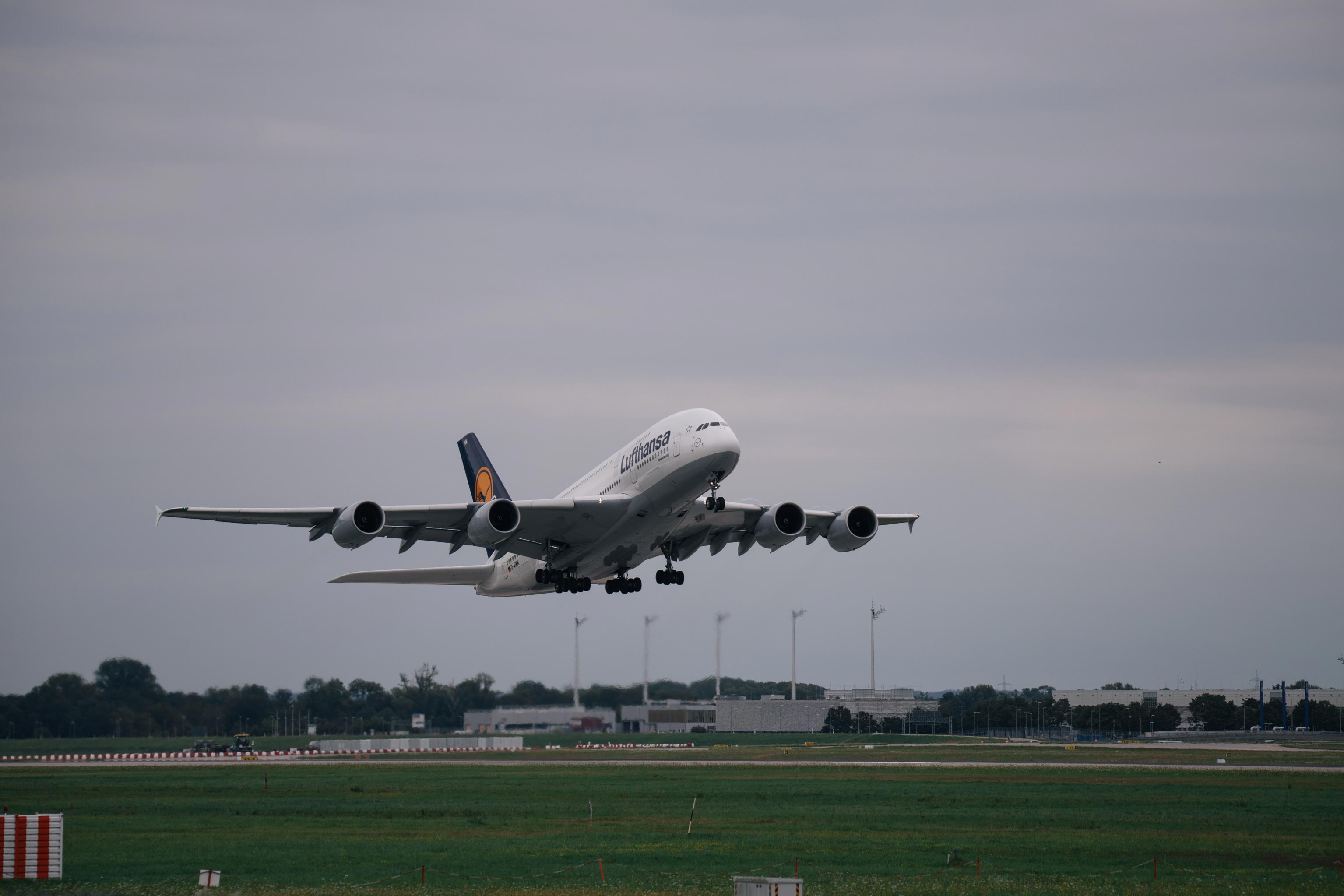 Lufthansa Airbus A380 taking off at Munich Airport