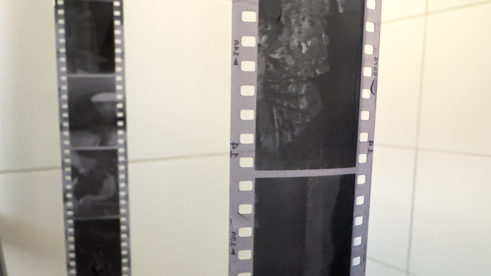 Two developed black and white film strips hanging with clothes pegs on a shower curtain rail