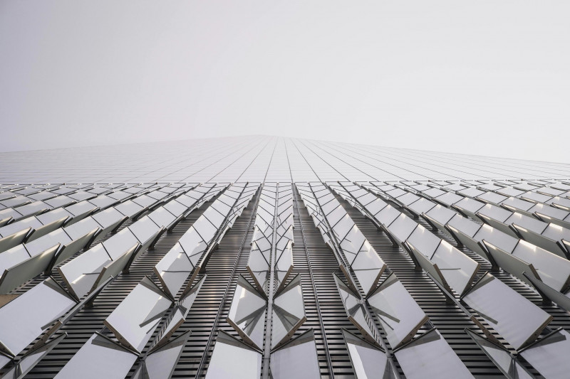 The facade of the One World Trade Center, viewed from below
